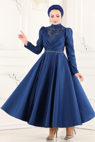 moda selvim Drapeli Saten Midi Abiye 6459YG95 Laci - Thumbnail