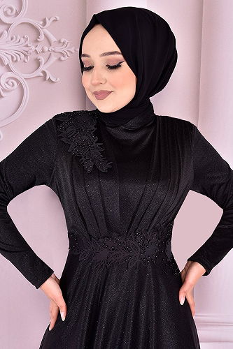 moda selvim Embroidered Silvery Evening Dress ASM21040-M Black - Thumbnail