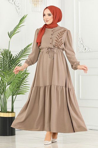 moda selvim الفستان بيج PL9069 - Thumbnail