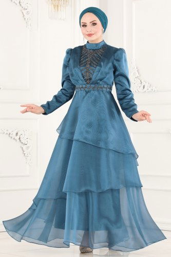 moda selvim Eteği Katlı Organze Abiye 6449YG95 Mavi - Thumbnail