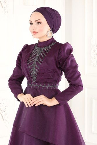 moda selvim Eteği Katlı Organze Abiye 6449YG95 Mor - Thumbnail