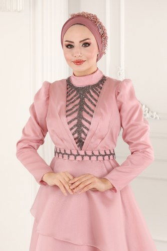moda selvim Eteği Katlı Organze Abiye 6449YG95 Pudra - Thumbnail