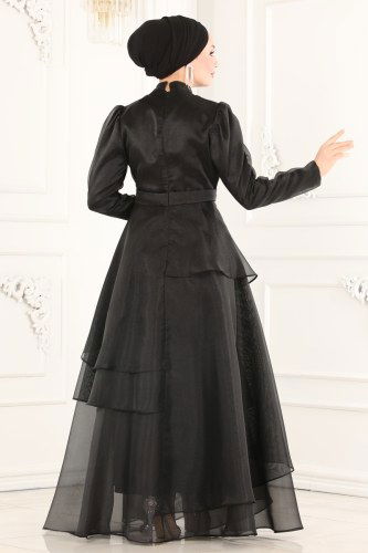 moda selvim Eteği Katlı Organze Abiye 6449YG95 Siyah - Thumbnail