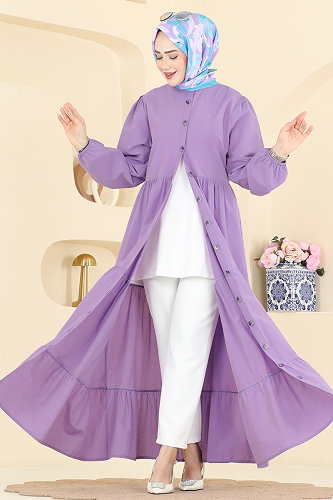 moda selvim Eteği Büzgü Detaylı Elbise 3084KTR750 Lila - Thumbnail