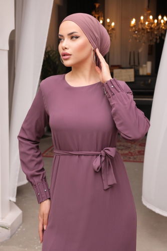 moda selvim Eteği Dantelli Tesettür Elbise 2661NVN696 Lila - Thumbnail