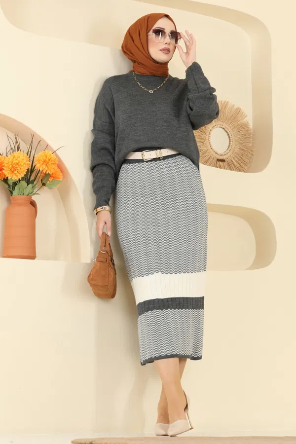 Modaselvim Kombin Eteği Desenli Triko Takım 2360KLB1050 Antrasit