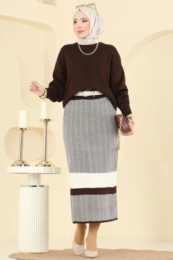 Modaselvim Kombin Eteği Desenli Triko Takım 2360KLB1050 Kahve