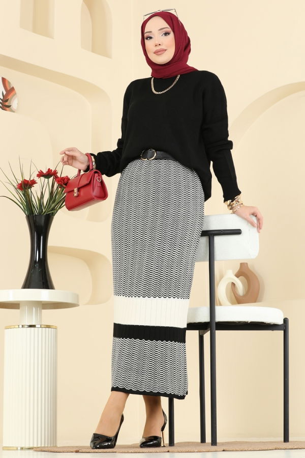 Modaselvim Kombin Eteği Desenli Triko Takım 2360KLB1050 Siyah