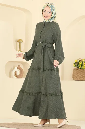 moda selvim Eteği Fırfır Detaylı Elbise 3322BLU797 Haki - Thumbnail