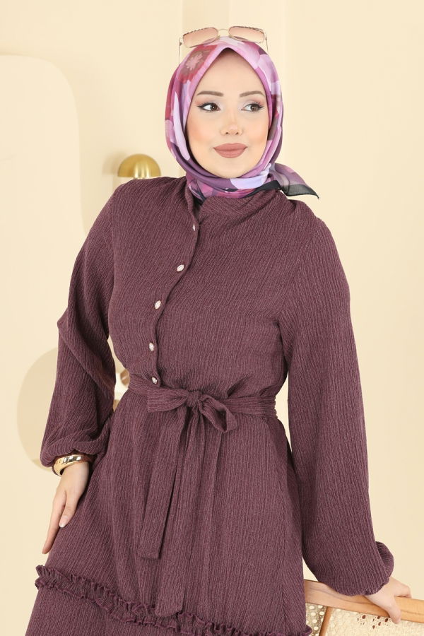 Modaselvim Elbise Eteği Fırfır Detaylı Elbise 3322BLU797 Koyu Gül Kurusu