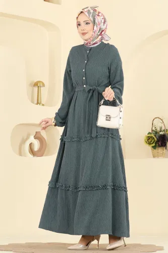 B.L.U. - Eteği Fırfır Detaylı Elbise 3322BLU797 Petrol