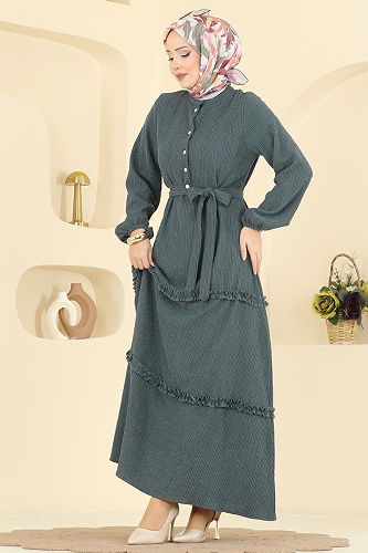 moda selvim Eteği Fırfır Detaylı Elbise 3322BLU797 Petrol - Thumbnail
