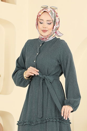 moda selvim Eteği Fırfır Detaylı Elbise 3322BLU797 Petrol - Thumbnail