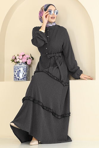 moda selvim Eteği Fırfır Detaylı Elbise 3322BLU797 Siyah - Thumbnail