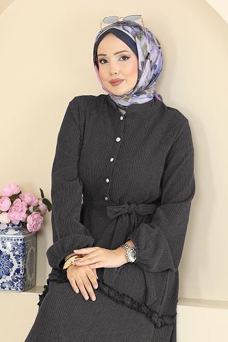 moda selvim Eteği Fırfır Detaylı Elbise 3322BLU797 Siyah - Thumbnail