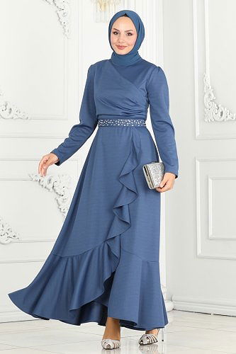 moda selvim Eteği Fırfırlı Abiye Elbise 3017KTR750 İndigo - Thumbnail