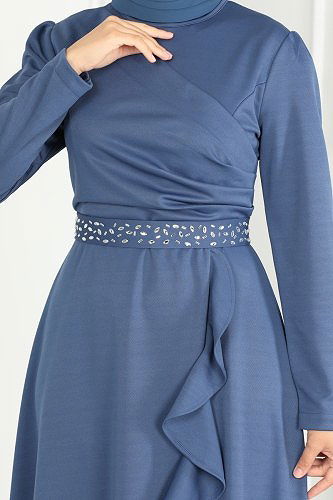 moda selvim Eteği Fırfırlı Abiye Elbise 3017KTR750 İndigo - Thumbnail