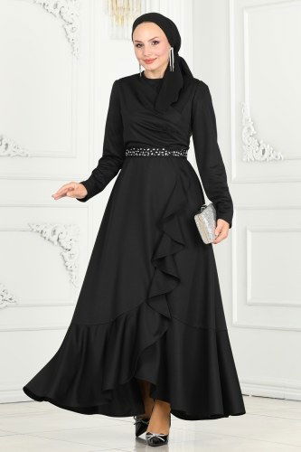 moda selvim Eteği Fırfırlı Abiye Elbise 3017KTR750 Siyah - Thumbnail