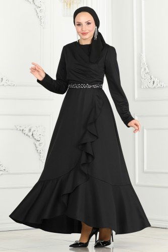 moda selvim Eteği Fırfırlı Abiye Elbise 3017KTR750 Siyah - Thumbnail