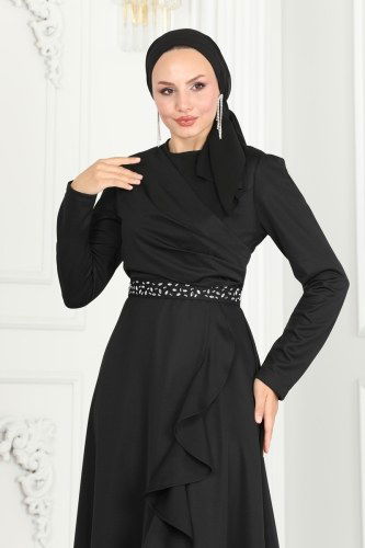 moda selvim Eteği Fırfırlı Abiye Elbise 3017KTR750 Siyah - Thumbnail