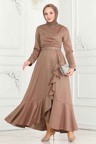 moda selvim Eteği Fırfırlı Abiye Elbise 3017KTR750 Vizyon - Thumbnail