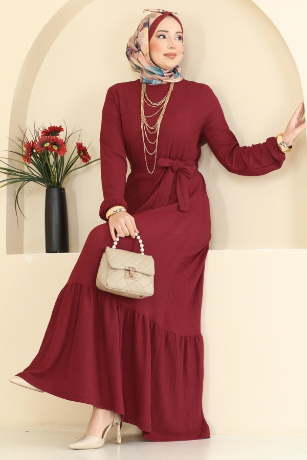 Modaselvim Elbise Eteği Fırfırlı Bürümcük Elbise 800PM271 Bordo