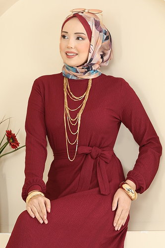 moda selvim Eteği Fırfırlı Bürümcük Elbise 800PM271 Bordo - Thumbnail