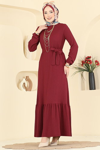 moda selvim Eteği Fırfırlı Bürümcük Elbise 800PM271 Bordo - Thumbnail