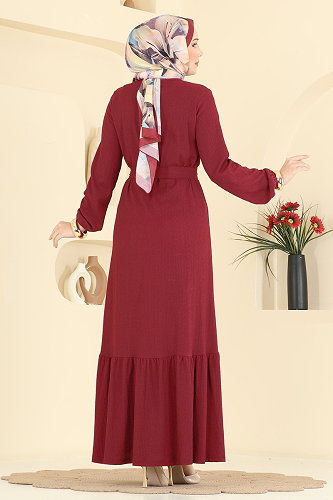 moda selvim Eteği Fırfırlı Bürümcük Elbise 800PM271 Bordo - Thumbnail