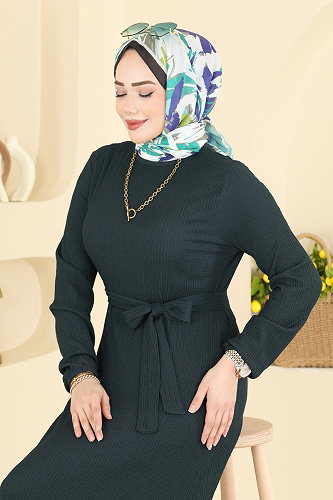 moda selvim Eteği Fırfırlı Bürümcük Elbise 800PM271 Petrol - Thumbnail