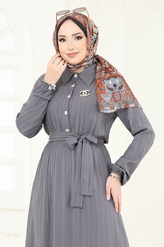 moda selvim Eteği Fırfırlı Kemerli Elbise 2065PM271 Antrasit - Thumbnail