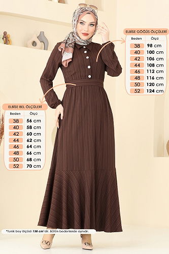 moda selvim Eteği Fırfırlı Kemerli Elbise 2065PM271 Kahve - Thumbnail