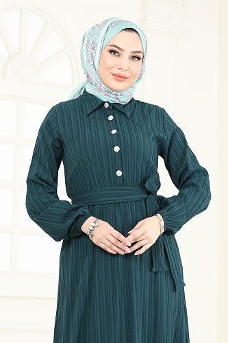 moda selvim Eteği Fırfırlı Kemerli Elbise 2065PM271 Petrol - Thumbnail