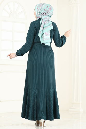 moda selvim Eteği Fırfırlı Kemerli Elbise 2065PM271 Petrol - Thumbnail