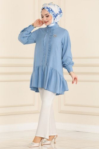moda selvim Eteği Fırfırlı Keten Tunik 5898BSK463 Bebe Mavisi - Thumbnail