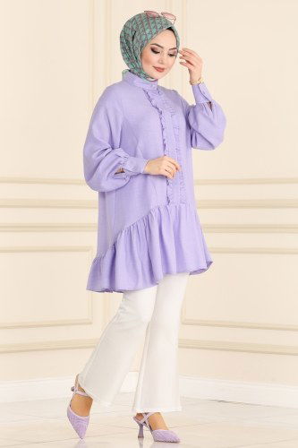 moda selvim Eteği Fırfırlı Keten Tunik 5898BSK463 Lavanta - Thumbnail