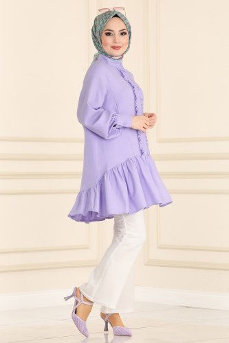 moda selvim Eteği Fırfırlı Keten Tunik 5898BSK463 Lavanta - Thumbnail