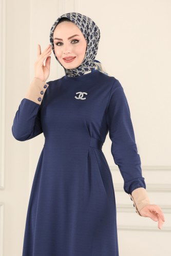 moda selvim Eteği Fırfırlı Kuşaklı Elbise 2442SL432 İndigo - Thumbnail