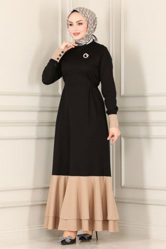 moda selvim Eteği Fırfırlı Kuşaklı Elbise 2442SL432 Siyah - Thumbnail