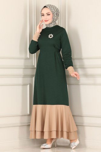 moda selvim Eteği Fırfırlı Kuşaklı Elbise 2442SL432 Zümrüt - Thumbnail