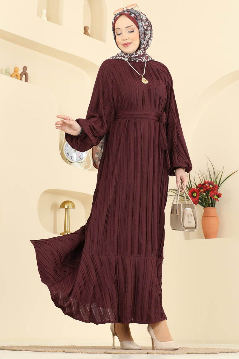 Eteği Fırfırlı Kuşaklı Elbise 7159ERK1158 Bordo