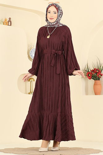 moda selvim Eteği Fırfırlı Kuşaklı Elbise 7159ERK1158 Bordo - Thumbnail