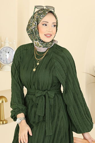 moda selvim Eteği Fırfırlı Kuşaklı Elbise 7159ERK1158 Haki - Thumbnail