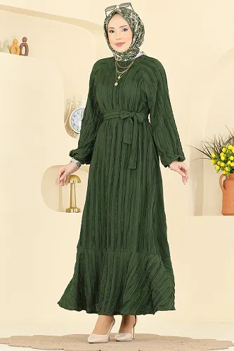 moda selvim Eteği Fırfırlı Kuşaklı Elbise 7159ERK1158 Haki - Thumbnail