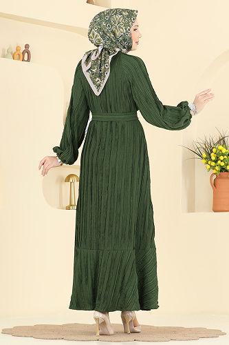 moda selvim Eteği Fırfırlı Kuşaklı Elbise 7159ERK1158 Haki - Thumbnail