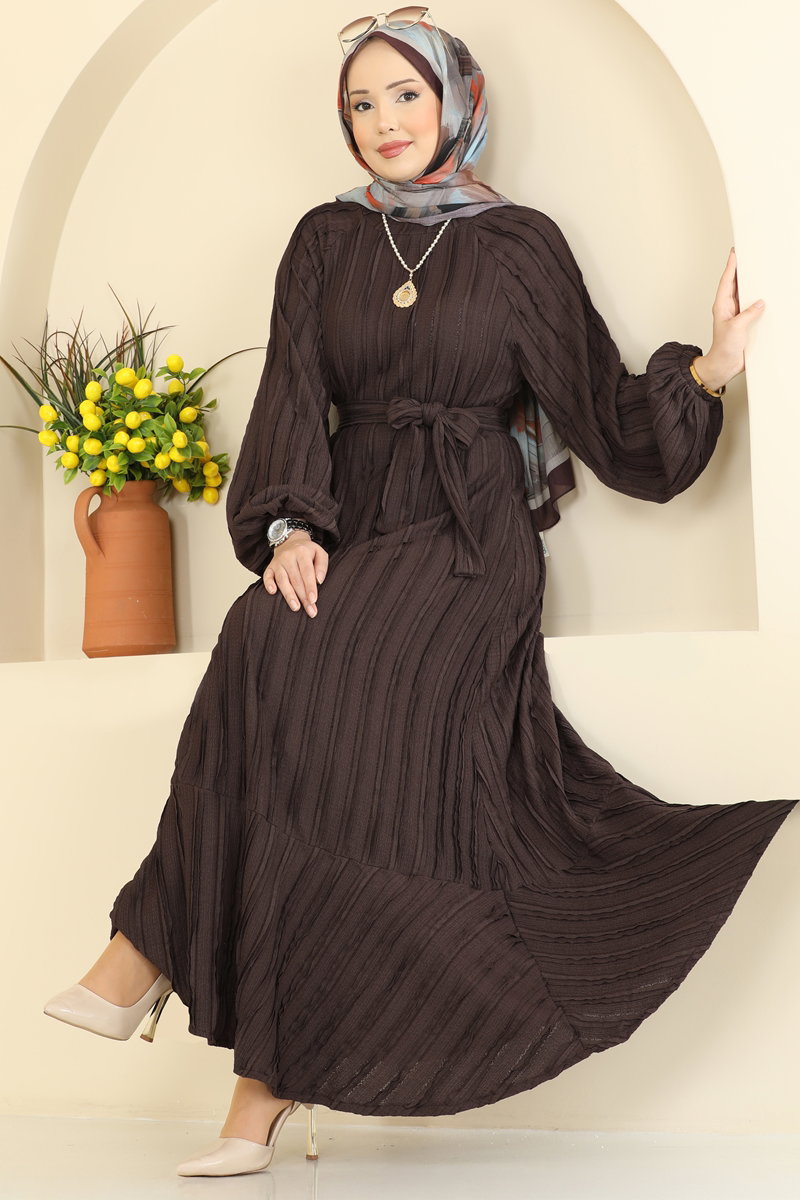 Eteği Fırfırlı Kuşaklı Elbise 7159ERK1158 Kahve