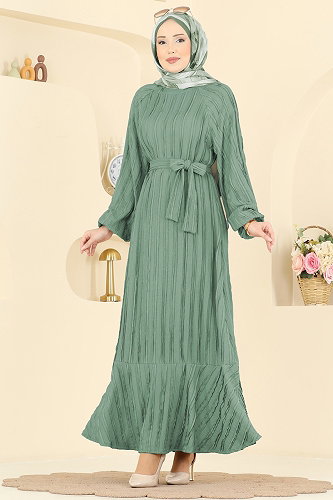 moda selvim Eteği Fırfırlı Kuşaklı Elbise 7159ERK1158 Mint - Thumbnail