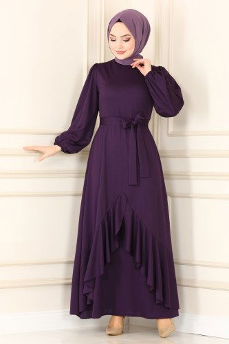 moda selvim Eteği Fırfırlı Mira Elbise 5083AB368 Mor - Thumbnail