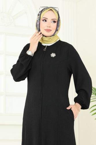 moda selvim Eteği Fırfırlı Pardesü Ferace 1206DLB1088 Siyah - Thumbnail