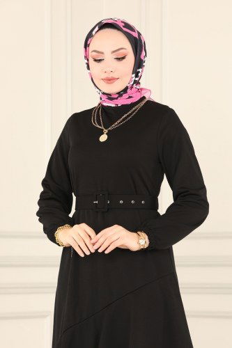 moda selvim Eteği Volanlı Tesettür Elbise 7010MRT754 Siyah - Thumbnail